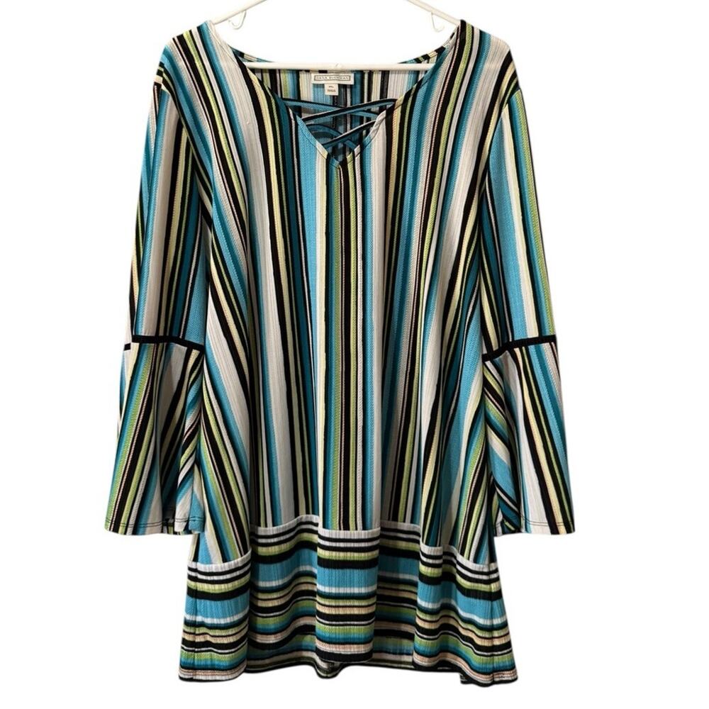 Dana Buchman Woman Size XL‎ Striped Blouse Criss Cross Neckline Flare Sleeve